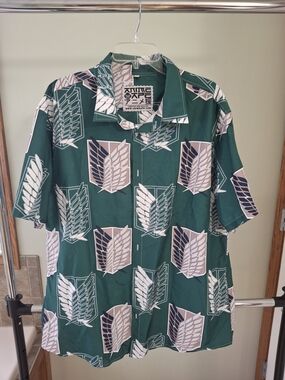 Anime-Inspired Green Short-Sleeve Button-Up Shirt